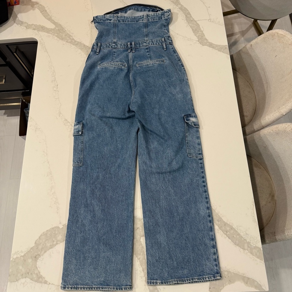 Express Strapless Wide Leg Cargo Denim Jean Jumpsuit Womens 12 Light Blue Wash - Picture 13 of 14